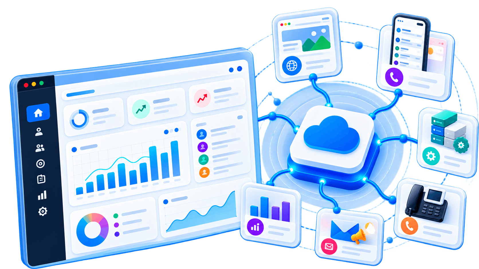 A CRM dashboard connected through the cloud to a website, mobile app, ERP, analytics, email marketing and telephony