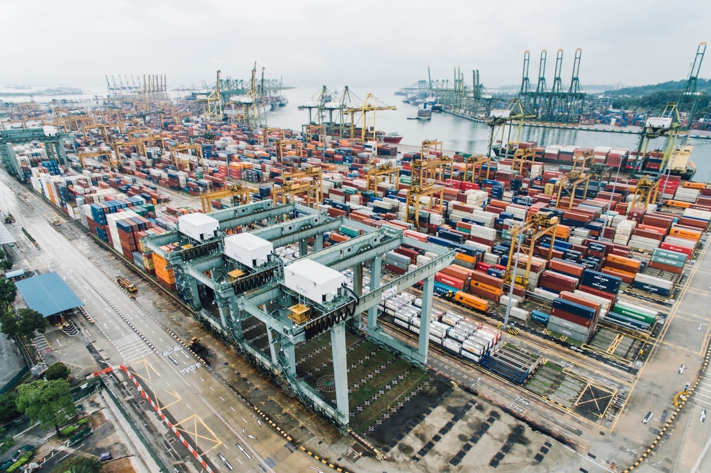 An aerial view of a container port